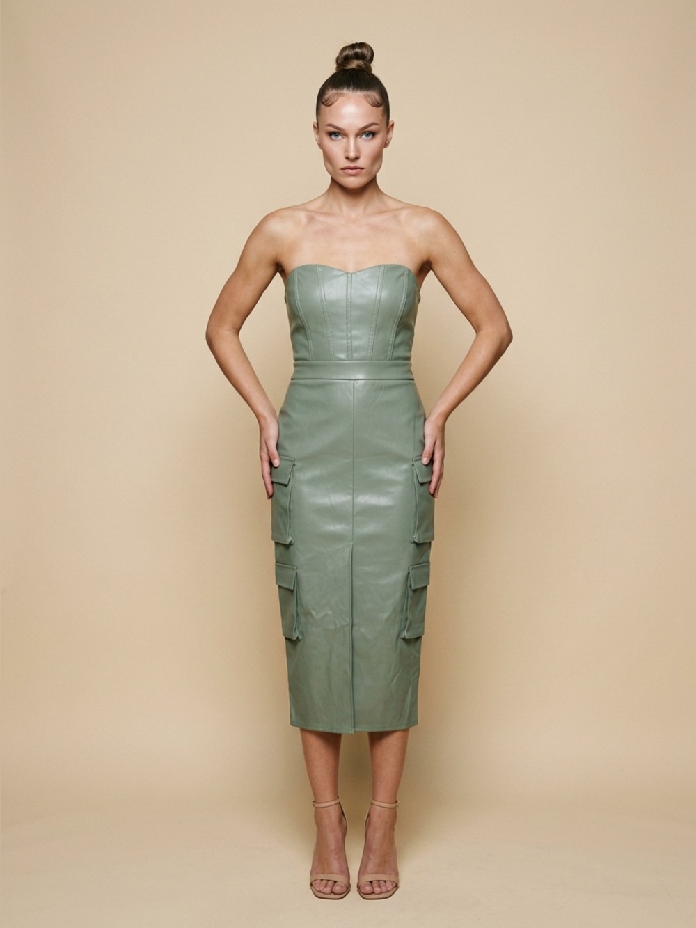 FASHION NOVA Sage Green Strapless Faux Leather Cargo Midi Dress Sz L